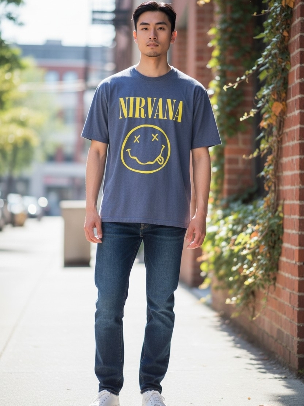 Nirvana Smiley Face T Shirt Blue Band Tee Adult Est Large Grunge Rock